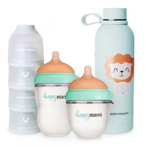 Happymami Coffret Naissance 2 Biberons Personnalisables (Forme du Sein) + Thermo + Doseur de Lait - Id&eacute;e Cadeau No&euml;l B&eacute;b&eacute; - Kit Repas Anti-Colique Sans BPA (Happymami, neuf)