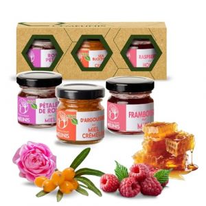 Coffret 3 × 40 g Crèmes de Miel Bio – Acacia à l’Argousier, à la Framboise et à la Rose – Sans Sucre Ajouté – Pour Petit-Déjeuner, Desserts ou Cadeau – Melinis (Atelierele Melinis SRL, neuf)