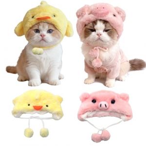 FOSDICK 2 Pcs Bonnet pour Chat Mignon Chapeau pour Chats Peluche Bonnet Deguisement pour Chat Jaune Poussin Rose Cochonnet Design Costume pour Petit Animaux de Compagnie V&ecirc;tement pour Chiens (FOSDICK, neuf)