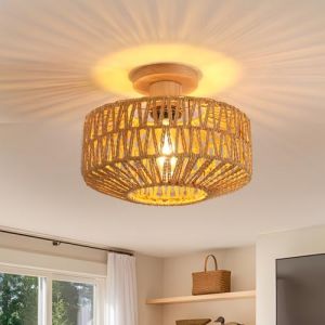 Toolight Plafonnier Salon, Plafonnier Rotin Suspension E27 Suspendu, Lustre Luminaire Boho avec Abat-jour en Rotin pour Salon Chambre Cuisine Couloir, Max 60W Ø30cm (Toolight Store, neuf)