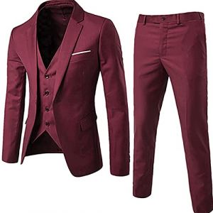 Costume formel 3 pi&egrave;ces pour homme, blazer &agrave; boutons, coupe ajust&eacute;e, solide, business, smoking moderne, blazer de mariage, Rouge bordeaux (03), S (XIAOSIL, neuf)