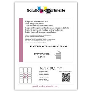105 &Eacute;tiquette Transparente polyester mat 63,5 x 38,1 mm = 5 planche pour IMPRIMANTE LASER seulement &eacute;tiquette synth&eacute;tique plastique autocollante transparent &eacute;tiquette imperm&eacute;able r&eacute;sistante eau huile (solutions-imprimerie, neuf)