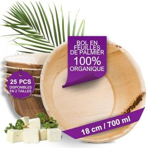 Waipur Bols Jetables en Palmier - 25 Grands Bols de 18 cm / 700 ml - Saladier Jetable de Qualité Supérieure - Stable, Naturelle et Biodégradable - Bol à Soupe en Feuilles de Palmier (Rabe Kontor, neuf)