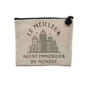Pochette en Lin - Le Meilleur Agent Immobilier du Monde Commercial Immobilier Vente Maison Appartement - Trousse Maquillage en Toile Aspect Lin - Porte Monnaie - 15 x10 cm (FabulousBOUTIK, neuf)