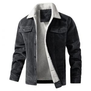 ZDJSWJ Hommes velours c&ocirc;tel&eacute; camionneur veste coton doublure laine bouton veste de travail Sherpa laine col chaud manteau militaire (Gris,L) (ZDJSWJ STORE, neuf)