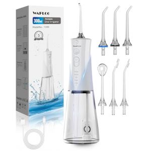 Jet Dentaire Hydropulseur, 5 Modes, 6 Embouts, Rechargeable, Portable, Réservoir de 300ML, Flosser Électrique, Étanchéité IPX7, Nettoyage des Dents Idéal pour Maison et Voyage (Blanc) (WAFLOO, neuf)