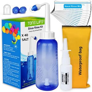 Neti Pot, kit de rinçage pour sinus+40 paquets de sel nasal+pulvérisateur nasal hydratant - pot Neti rinçage sinus - kit de rinçage nasal 300 ml avec sachets de rinçage sinus pour adultes et enfants (TONELIFE-FR, neuf)