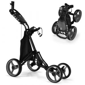 GOPLUS Chariot de Golf Pliable à 4 Roues, Poignée Réglable 150-190cm, Frein à Pied, avec Sac Isotherme, Porte-Parapluie, Support Supérieur avec Sangle Elastique, 110x100x65cm (Gris) (Augenstern24, neuf)