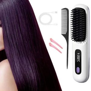 Brosse &agrave; lisser les cheveux sans fil, 2 en 1 for lisser les boucles, peigne &agrave; lisser de voyage rechargeable, 3 r&eacute;glages de temp&eacute;rature, cadeau for femme(White) (fulaitianeu, neuf)