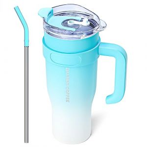 DAYMOO Mug isotherme avec paille et Poignée, Gobelet avec Paille et Couvercle, Tasse Thermos en Acier Inoxydable, Thermos Café Mug avec Couvercle, asse de Voyage Chaud ou Froid - 1.2 L, Bleu Blanc (DAYMOO INC, neuf)