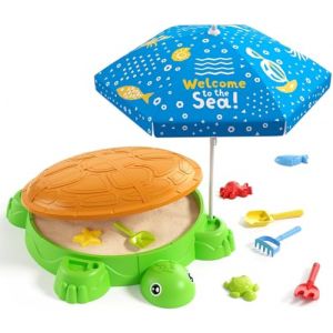 HYES Tortue Bac à Sable avec Couvercle, Bac a Sable Enfant Exterieur avec Parasol, Jouets de Plage Bac Sensoriel Jeux D 'été Intérieur Extérieur Jardin Cadeau pour Garçon Fille 3-5 Ans (Huiyetoys, neuf)