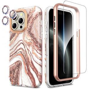 SHEDEER Coque pour iPhone 15 Pro Max,4 en1 Paillette Caméra Protection & Verre Trempé &Bumper & Housse Étui pour iPhone 15 Pro Marbre, Coque pour iPhone 15 Pro Max Paille, Brilliant, Antichoc, Or Rose (Chvelop, neuf)