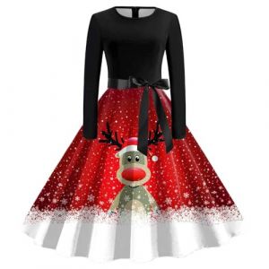 WVONIF Robe de Noël pour Femmes Robe De Noel Femme Rouge Drôle Rudolph Renne Imprimé Robes de Noël Sexy Robe Rétro Vintage Femme Année 40 50 60 Robe de Cocktail Rockabilly Costume De Père Noël (BAULMD（90% Big Promotion Without Discount Code ）, neuf)