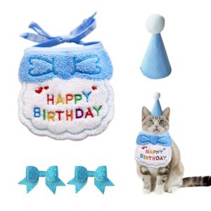 ZBHDEYG - Bavoir, bonnet d'anniversaire, &eacute;pingles &agrave; cheveux, accessoires pour animaux de compagnie, costume de chat (bleu, taille petite, laine) (JOHN HEO, neuf)