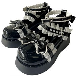 Chaussures &agrave; plateforme Mary Jane &agrave; bout rond et talon &eacute;pais pour filles chaussures de soir&eacute;e mignonnes en dentelle blanche avec n&oelig;ud d&eacute;coratif (Noir,35) (Conghuakeji, neuf)