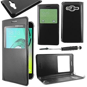 ebestStar - Coque Compatible avec Samsung J3 2016 Galaxy SM-J320F Etui Slim Housse Portefeuille Fen&ecirc;tre View + Mini Stylet, Noir [Appareil: 142.3 x 71 x 7.9mm, 5.0''] (ebestPro-fr, neuf)