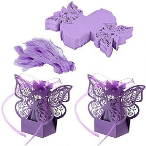Boîte Cadeau Papillon, 50 Pcs Boîte de Faveur de Mariage, Boîte à Dragées pour Mariage, Boite Papier avec Ruban, Bonbonnière Papier Violet pour Mariage Anniversaire Bapteme Communion Graduation Fête (Wuuooei Direct, neuf)