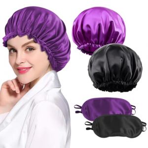 Bonnet Soie Satin de Sommeil Cheveux Nuit, 2 Pi&egrave;ces Bonnet Satin Nuit Bonnet Bonnet De Couchage, pour femmes Homme avec Bande &Eacute;lastique R&eacute;glable, avec masque pour les yeux, noir violet (JackieCHEN, neuf)