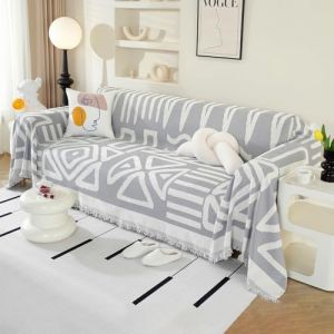 Royhom Housse de Canapé d'angle, Housse Canapé 4 Places, Gris Couvre Canape Chenille, Protege Canape Angle avec Glands Décoratifs, Anti-Rides, Boho Gris Clair, 180x380 cm (Royhom Europe, neuf)