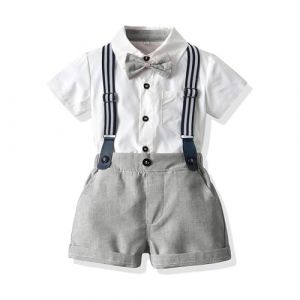 Volunboy B&eacute;b&eacute; Gar&ccedil;on Ensemble Costume, Manches Courtes Noeud Papillon Chemise avec Short Bretelle Barboteuse（Gris Fonc&eacute;，9-12 mois，Taille 70） (Volunboy, neuf)