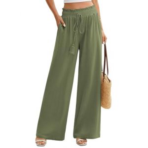 UMIPUBO Pantalon Lin Femme Été Coton Chanvre Décontractés Large Pantalons Fluide Elegant Chic Taille Haute Élastique Pantalon Léger Jogging Pants de Plage avec Poches (Vert, L) (Bukely, neuf)