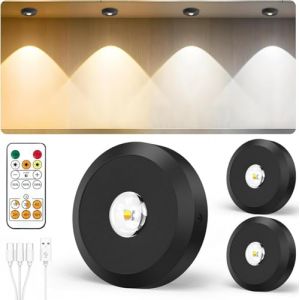 JVURICE Spot Sans Fil Puck Light Petits Spots Lumineux Lampe Lumic Reglette Led Sans Fil 180H 3000k/4500k/6000k Dimmable Rechargeable Minuterie Telecommande Rond Lumiere Pour Cuisine,Armoire,Vitrine (flytosky-us, neuf)