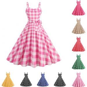 Robe Ann&eacute;e 60 Femme Sexy Col V sans Manche Retro Robe Style 1950's Audrey Hepburn Rockabilly Elegante Polka Dot Trap&egrave;ze Vintage Robes Swing Robe De Bal F&ecirc;te C&eacute;r&eacute;monie Mi Longue (001 Rose, XXL) (Minenany, neuf)