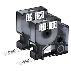 NineLeaf 2 Pack Remplacement pour Dymo 18483 A18483 12mm x 5.5m 0.47'' Ruban D'étiquettes Industriel en Polyester Noir sur Blanc Permanent pour Rhino 1000 4200 5200 ILP 219 3M PL100 PL150 Étiqueteuse (NineLeaf-UK, neuf)