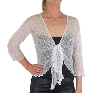 Mimosa Boléro au crochet pour femme à paillettes ou uni en dentelle super extensible avec nœud en filet de poisson à la taille Boléro Cardigan ouvert pour UK 6-28 Blanc/Argent (Evoque, neuf)
