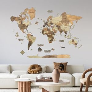 Creatifwood Carte du monde en bois 3D pour d&eacute;coration murale - Mappemonde en Bois - Art mural - Pour salon, bureau ou chambre (Dark, 200L x 140l cm, Sans cadre) (HARMANDI CreatifWood, neuf)