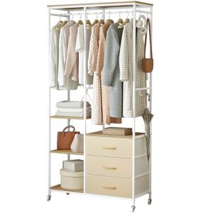 Mintnook Penderie Vetement, Armoire Chambre, Penderie Vetement Dressing, Portant a Vetement, avec tiroirs, roulettes et Étagères Réglables, Crochets, Béige (Mintnook, neuf)
