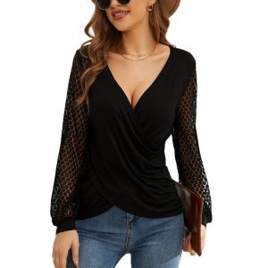 Sukiglam Chemisier Femme Manches Longues Dentelle Top Cache-C&oelig;ur Sexy Col V Blouse Crois&eacute;e Devant Hauts Chic et &Eacute;l&eacute;gant Tunique Casual T-Shirt y2k Tops Mode Pull Id&eacute;al Soir&eacute;e Cocktail Travail (Sukiglam Store, neuf)