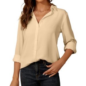 Chemisier Blanc Femme Chic Et élégant à Manches Longues pour Femme - Chiffon Chemisier avec Boutons - Col en V Haut Décontracté - pour Le Bureau Travail pour Femme Blouse (SpringSeaon, neuf)