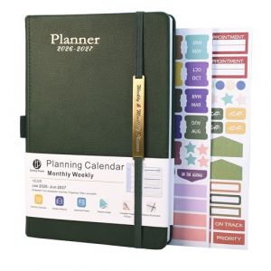 Agenda 2026-2027 - Agenda 18 mois de janvier 2026 &agrave; mi-ann&eacute;e juin 2027, format A5 semainier, planificateur hebdomadaire et mensuel avec couverture en cuir, anneau pour stylo, poche int&eacute;rieure (Vert) (yunlian EU, neuf)