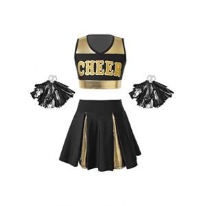 TiaoBug Enfant Fille D&eacute;guisement Pom-Pom Girl Uniforme Costume Cheerleads Crop Top et Jupe Courte et Pompoms D&eacute;guisement Cosplay Carnaval Halloween No&euml;l 5-14 Ans Noir A 11-12 ans (TB TRADING, neuf)