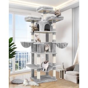 Globlazer Arbre à Chat Grand XXL Hauteur 204 cm avec 3 Perchoirs Rembourrés, 2 Niches, 2 Paniers, Hamac Souple, Arbres a Chat Stable pour 3-5 Grands Chats Repos Jeu Intérieur (F80, Gris Clair) (Globlazer For Your Pet, neuf)