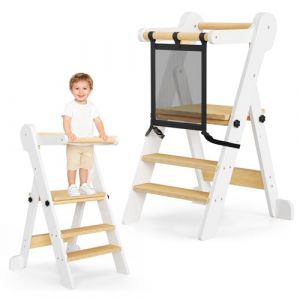Niktulo Tour d'apprentissage Pliable R&eacute;glable en Hauteur sur 2 &eacute;tages avec Sac en Filet,Tour d Observation Enfant de 1 &agrave; 6 Ans pour Enfants Montessori Learning Bois Naturel Kitchen Helper (NICOLAOU-MARINA, neuf)