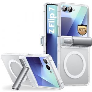 i-Blason Coque pour Samsung Galaxy Z Flip 7 avec B&eacute;quille [Protecteur d'Ecran Verre Tremp&eacute;] [Protection Charni&egrave;res] [Chargement sans Fil] Protection Magn&eacute;tique Fine Coque pour Z Flip 7, Transparent (SUPCASE & i-Blason Store, neuf)