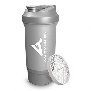 AMITYUNION Shaker &agrave; prot&eacute;ines 700 ml FYRA &eacute;tanche - sans BPA avec compartiment &agrave; poudre, tamis et balance pour shakes cr&eacute;meux, tasses, shakers pour isolants et concentr&eacute;s Iso Sport, Argent (snowcommerce GmbH, neuf)