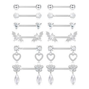 Kakonia 6 Paires Piercing Téton Mamelon pour Femmes en Acier Inoxydable 316L Coeur Papillon Lune CZ Fleur Barbell de Téton Ensemble Mignon Piercing Mamelon Bijoux (Kakonia, neuf)