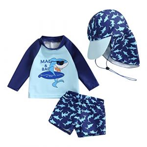 Nouveau-né Bébé Garçon Maillot de Bain 2 Pièces Anti-UV T-Shirt Manches Longues + Short de Bain + Chapeau de Soleil Costume de Natation (Bleu Requin, 2-3 Years) (Haikouxunchuanhandianzishangwuyouxiangongsi, neuf)