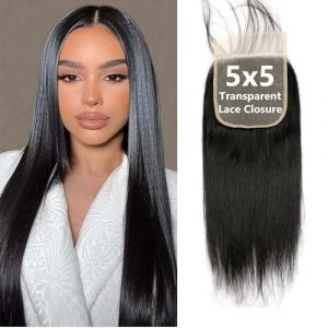 5x5 Lace Closure Bresilienne Cheveux Humain Closure Bresilienne Lisse Straight Top Swiss Lace Free Part With Natural Hairline Baby Hair 130% Density 14 Pouces (Arenshxc, neuf)