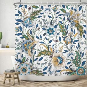 ASDCXZ Rideau de Douche Fleurs 180x200 cm, Printemps Vintage Bleu Jaune Boho Fleurs Feuilles Vertes Blanc Lavables Textile Rideau de Bain imperm&eacute;able pour Baignoire avec 12 Crochets (Qingjuan Trade, neuf)