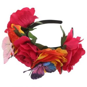 POPETPOP Bandeau Fleuri Mexicain Tress&eacute; Roses Artificielles et 3D en Tissu Doux Serrage-T&ecirc;te Rose Vif pour F&ecirc;te Anniversaire et D&eacute;coration de Soir&eacute;e (Riser Treasure, neuf)