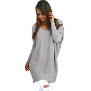 Pull Long Femme Col V Oversize Tricot Pull Grosse Maille Femme Chandail Femme Large Pull Grosses Mailles Manche Longue Femme Chaud Loose Ample Hiver Chandails Sweater Manches Longues Chic Gris M (Pengniao, neuf)