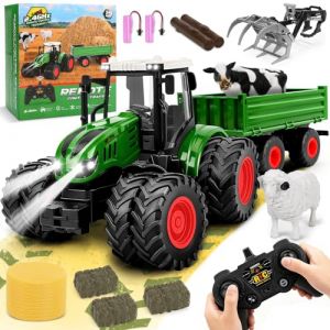 Herenear RC Tracteur Telecommandé Enfant, Tracteur Télécommandé Jouet Ferme avec Grappin, Vache, Remorque, Botte de Foinet et Troncs d'arbre, Ferme Jouet pour Enfant (NEXUSHIVE VELVETAPEX Kft., neuf)