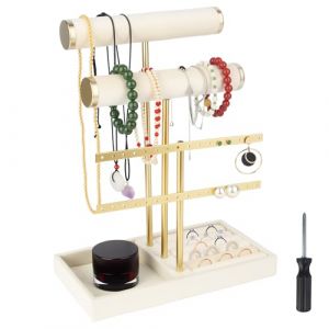 LIAILA Organisateur de Bijoux &agrave; 3 Niveaux - Porte Bijoux Femme en Velours Beige, Pr&eacute;sentoir Bijoux Amovible avec T-Bar, Porte Collier et Rangement Boucle d&rsquo;Oreille, Boite &agrave; Bijoux, Jewelry Organizer (RANDA GEOMEN, neuf)