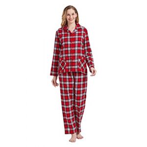 Amaxer Pyjama Femme Hiver Chaud 100% Flanelle Ensembles de Pyjama Cotton Chemise de Nuit Longue, Rayures Rouges XL (salute kleidung, neuf)