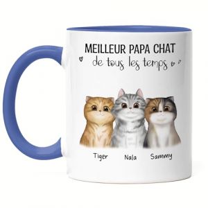 Kiddle-Design Propri&eacute;taire de chat Mug Bleue Personnalis&eacute; Cadeau Papa de chat 3 Amoureux des chats Motif de chat Slogan Nom Ami des chats Animal de compagnie (Kiddle-Design, neuf)