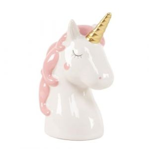 Tirelire d&eacute;corative licorne en c&eacute;ramique, design blanc avec rose, corne dor&eacute;e, 13,8 x 9,5 x 18,5 cm (Mibandera, neuf)